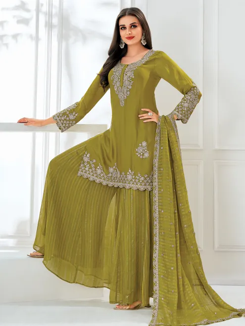 Green satin palazzo suit for women