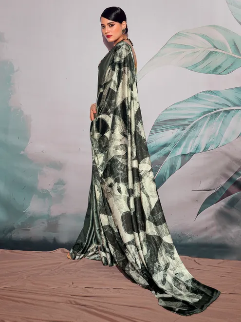 Green satin saree in printed