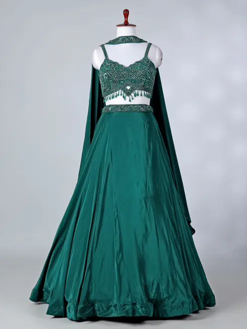 Green satin silk designer lehenga choli with dupatta