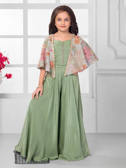 Green satin silk jacket style salwar suit