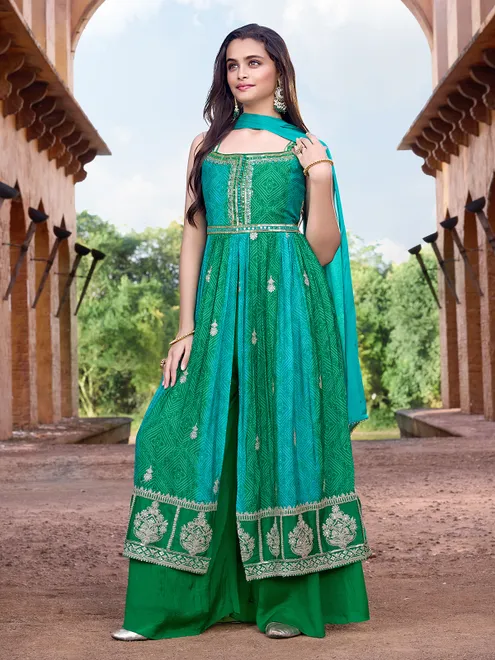 Green silk anarkali palazzo suit with zardosi accents