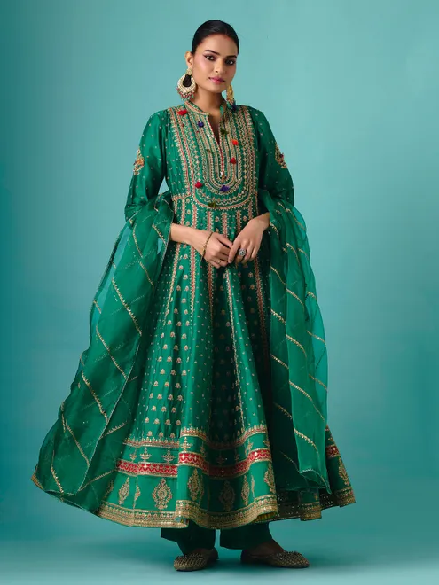 Green silk anarkali quarter sleeve palazzo suit