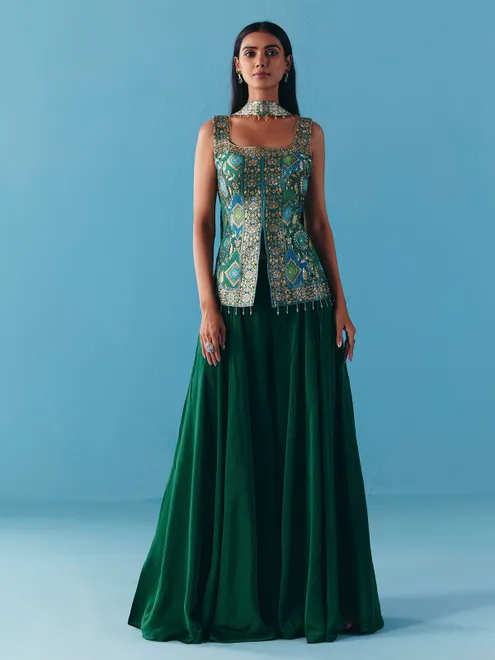 Green silk cutdana palazzo suit
