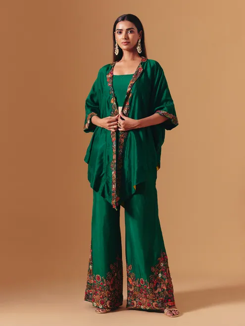Green silk designer floral palazzo suit for women