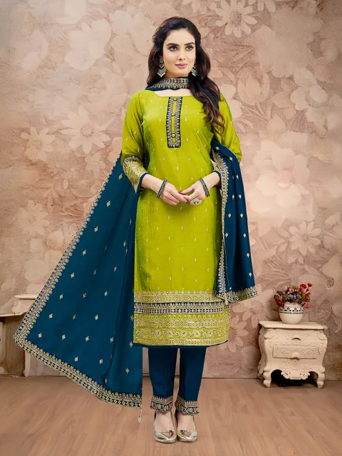Green silk festive wear salwar suit with contrast dupatta