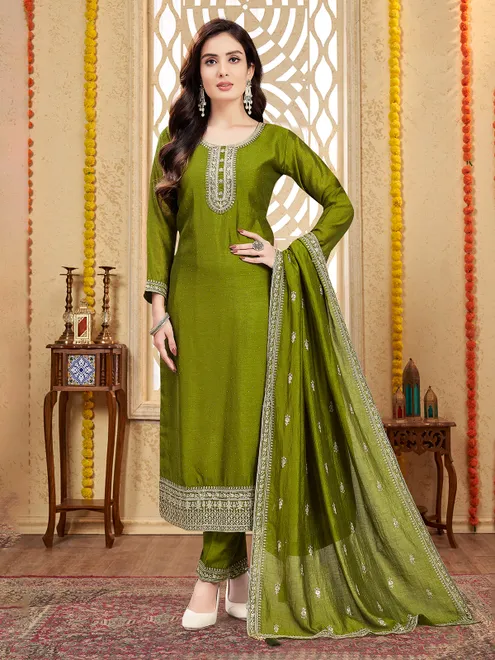 Green silk festive wear salwar suit with dupatta for women