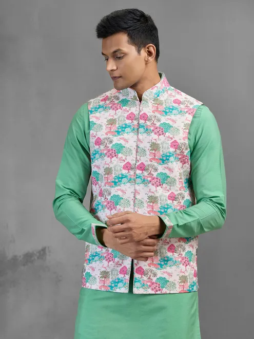 Green silk floral printed zardosi wedding wear waistcoat set