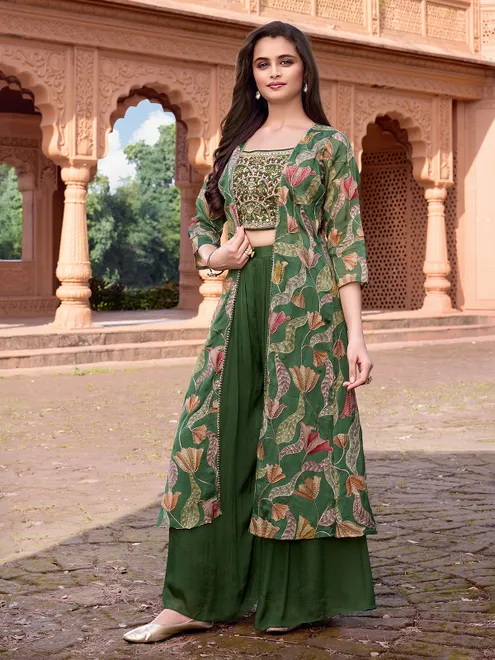 Green silk jacket style embroidered palazzo suit