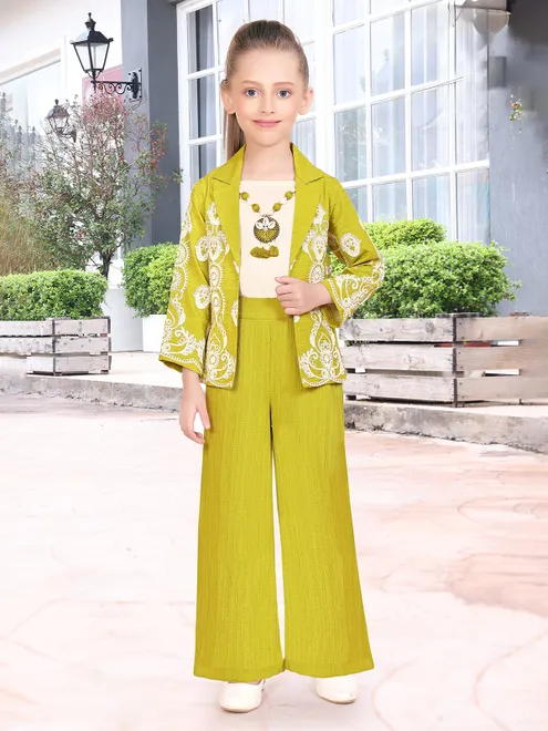 Green silk jacket style suit for girls
