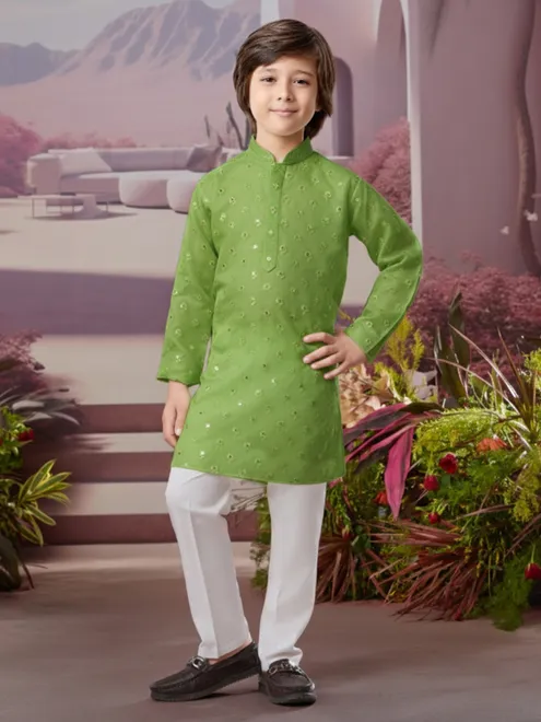 Green silk kurta set with elegant sparkle
