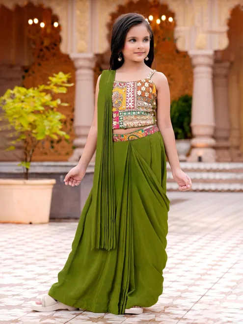 Green silk lehenga choli for girls wedding wear