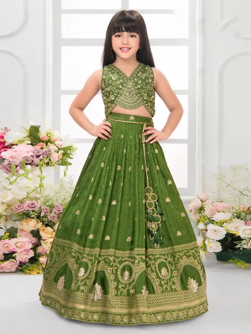 Green silk lehenga choli with zari embellishments