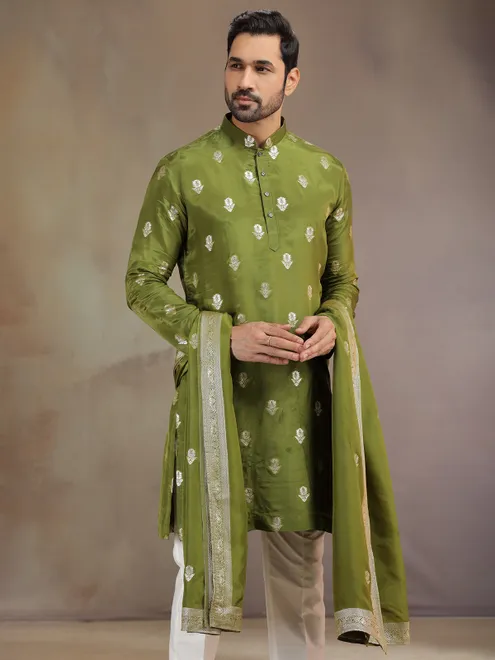 Green silk mehendi wear kurta suit with dupatta
