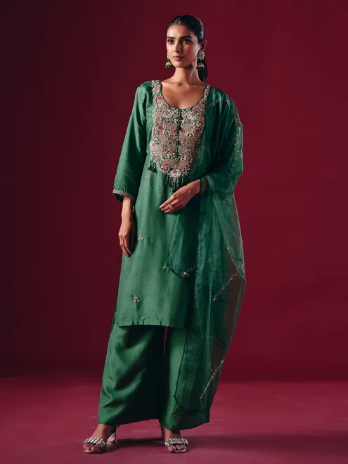 Green silk pakistani wedding wear palazzo suit with dupatta