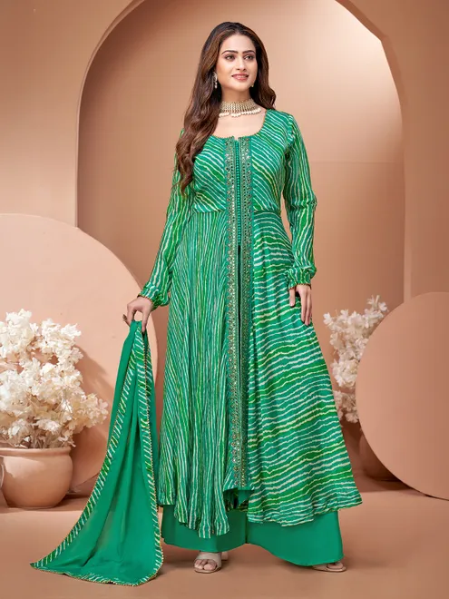 Green silk palazzo suit for festival wear