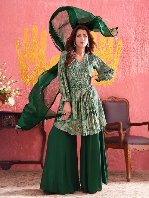 Green silk palazzo suit with zardosi embellishments
