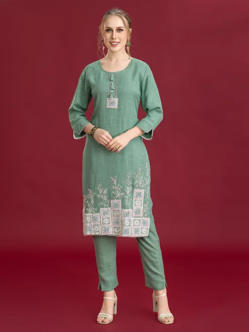 Green silk pant kurti with thread accents