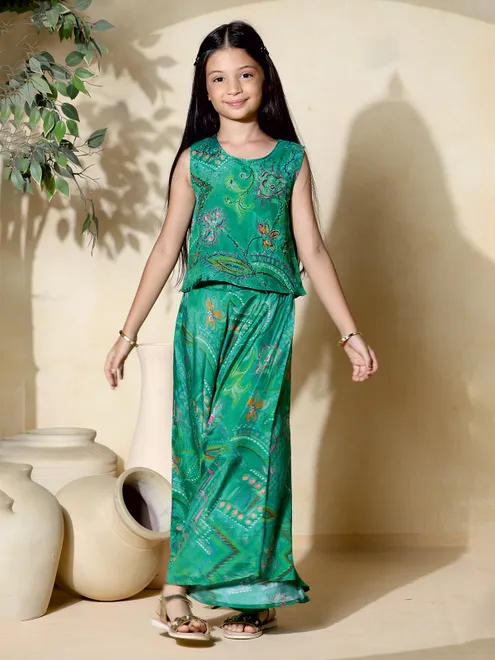Green silk printed co ord set with beads work
