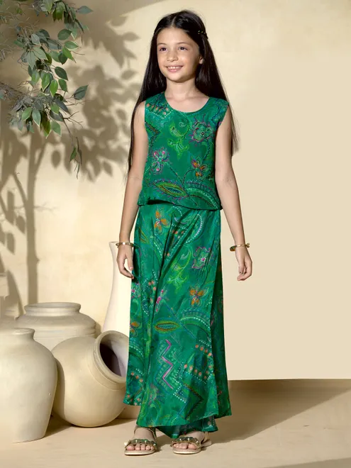 Green silk printed co-ord set with detailing work