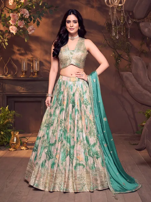 Green silk printed V neck lehenga choli