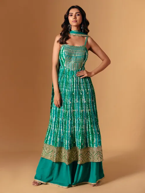 Green silk printed zardosi work palazzo suit