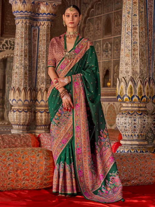 Green silk printed zari worked zari
