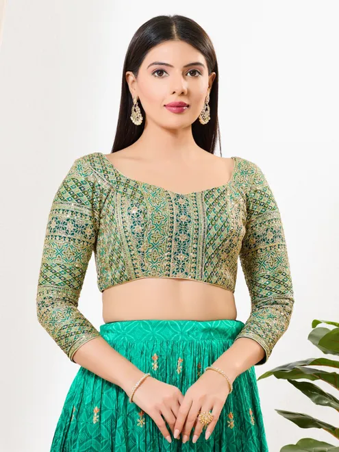 Green silk quarter sleeve embroidery work blouse
