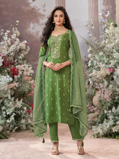 Green silk salwar suit with printed dupatta elegant outfit