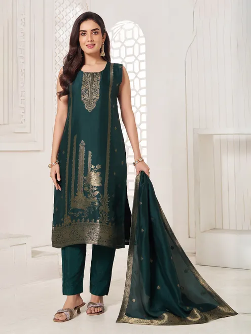 Green silk salwar suit with zari shine