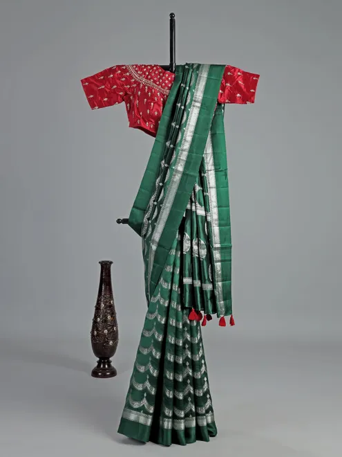 Green silk saree with silver zari weave