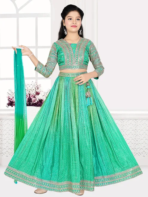 Green silk shaded bandhej printed lehenga choli with dupatta