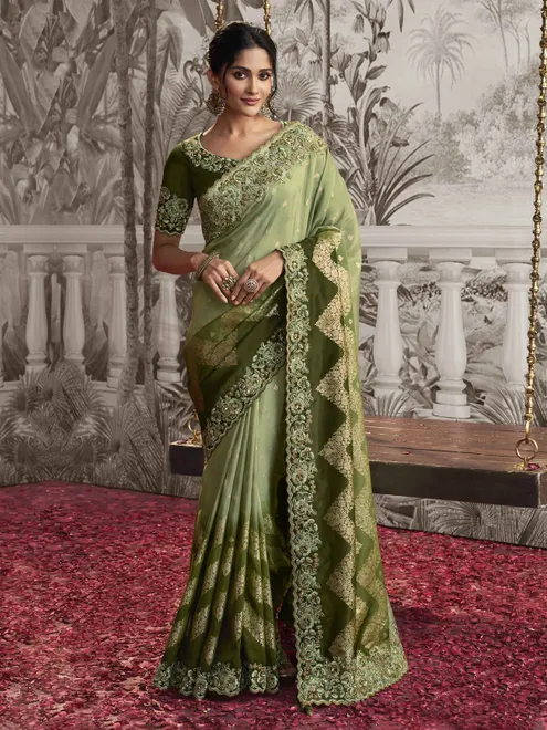 Green silk zari worked saree for festival