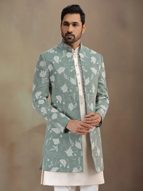 Green terrsy rayon indowestern set for men