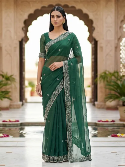 Green tissue georgette festive wear saree