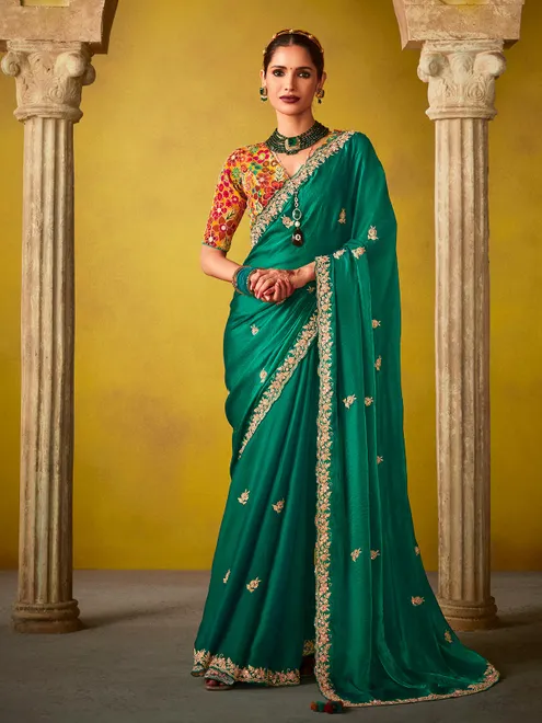 Green tissue silk saree with resham work