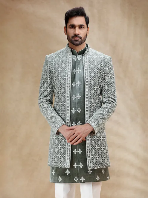 Green velvet men indowestrn set with embroidery