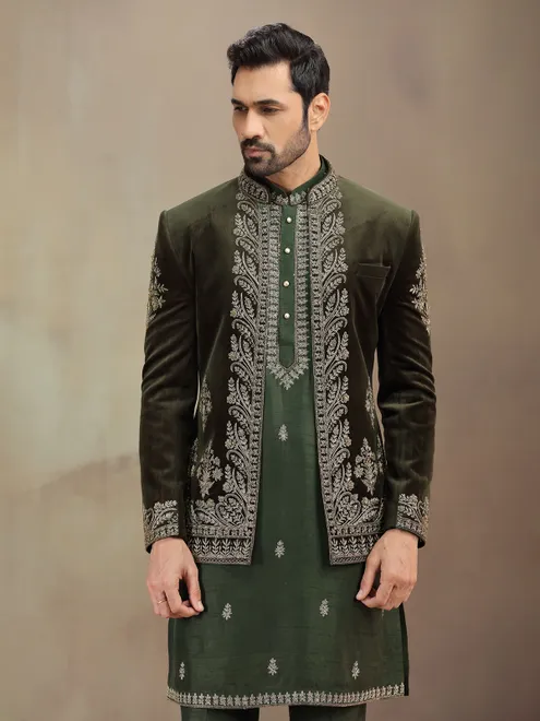 Green wedding wear velvet indowestern for men