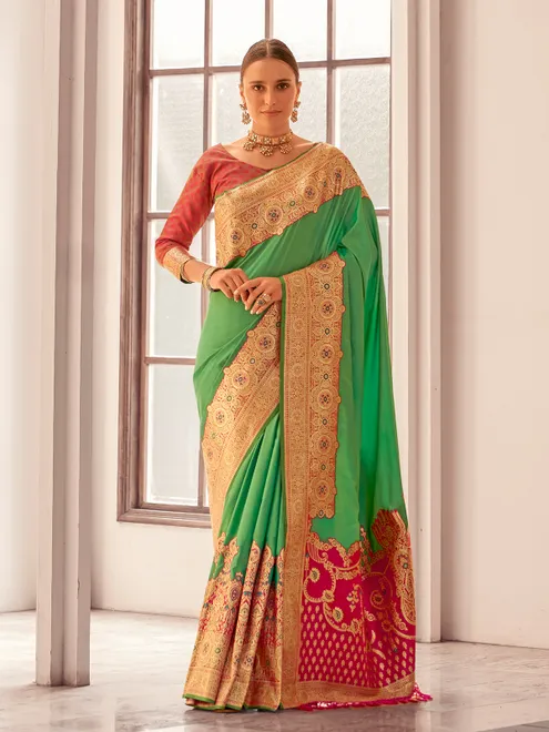 Green woven silk saree for mehendi