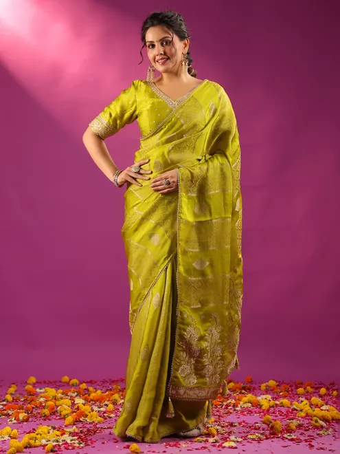 Green zari worked silk saree for mehendi celebration