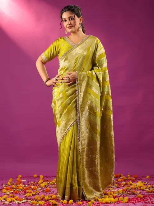Green zari worked silk saree for wedding wear