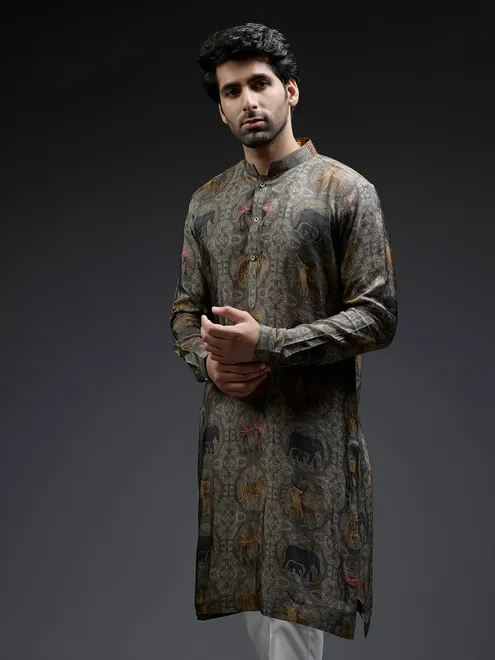 Grey ajarakh printed silk kurta suit for men