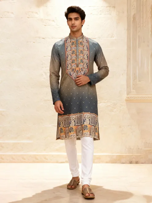 Grey and beige shaded daman printed kurta suit
