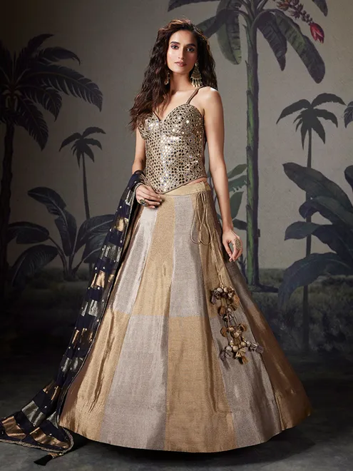 Grey and gold reception wear silk lehenga choli