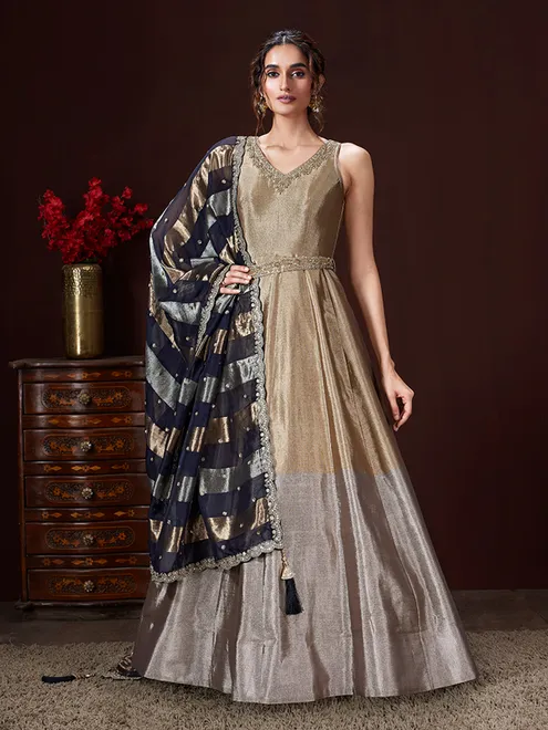 Grey and gold silk anarkali suit with black dupatta