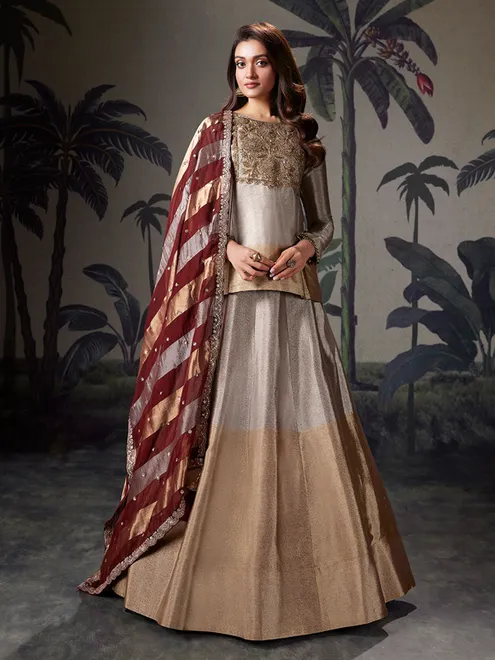 Grey and gold silk lehenga choli for women