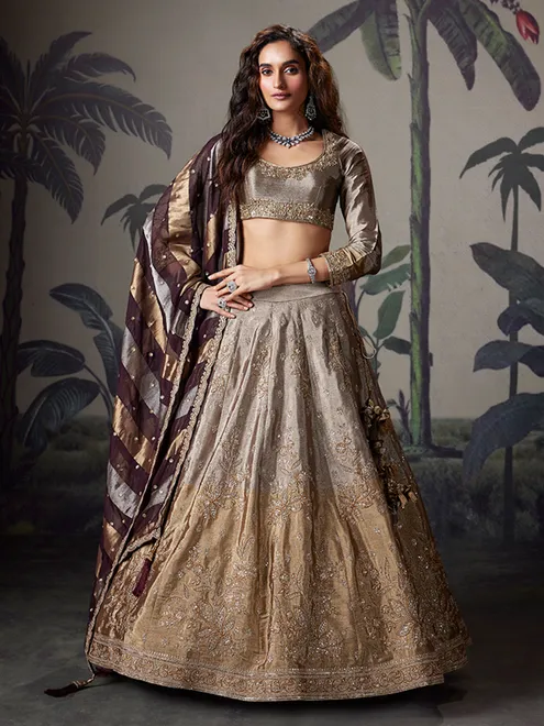 Grey and gold silk lehenga choli with dupatta
