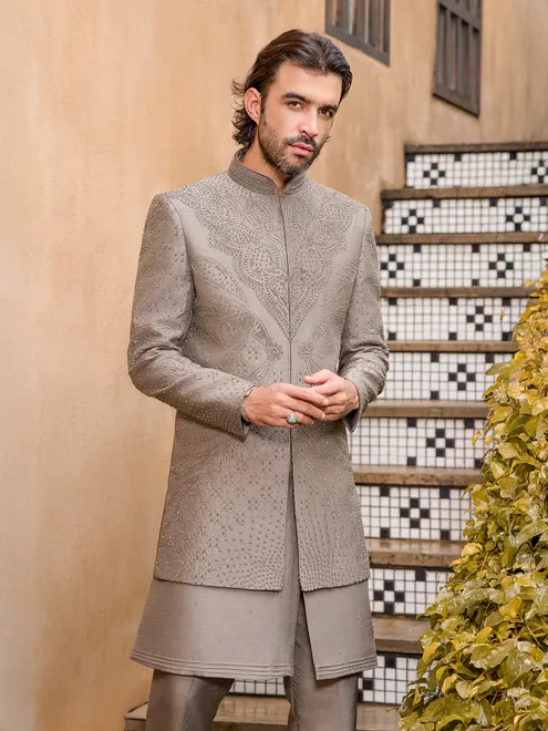 Grey art silk beaded cutdana indo western jacket