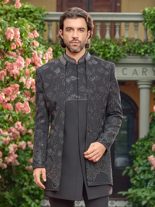 Grey art silk sequins thread indo western jacket