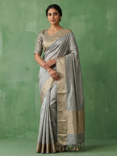 Grey artisanal floral zari raw silk saree