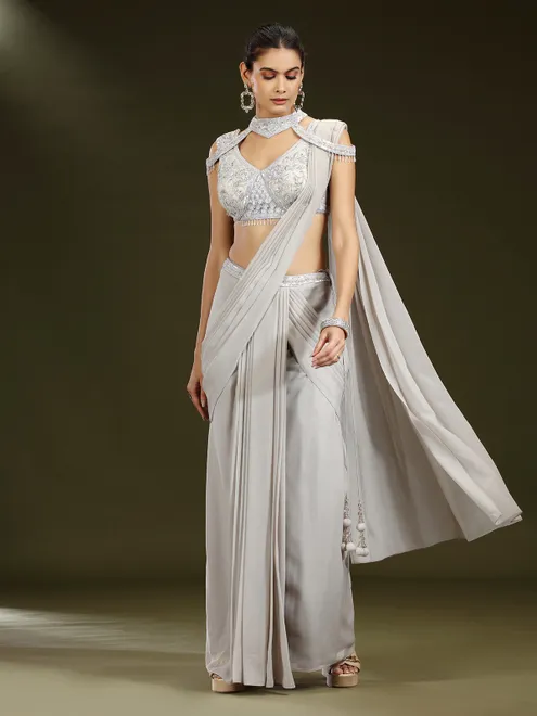 Grey chiffon designer lehenga choli with attached dupatta
